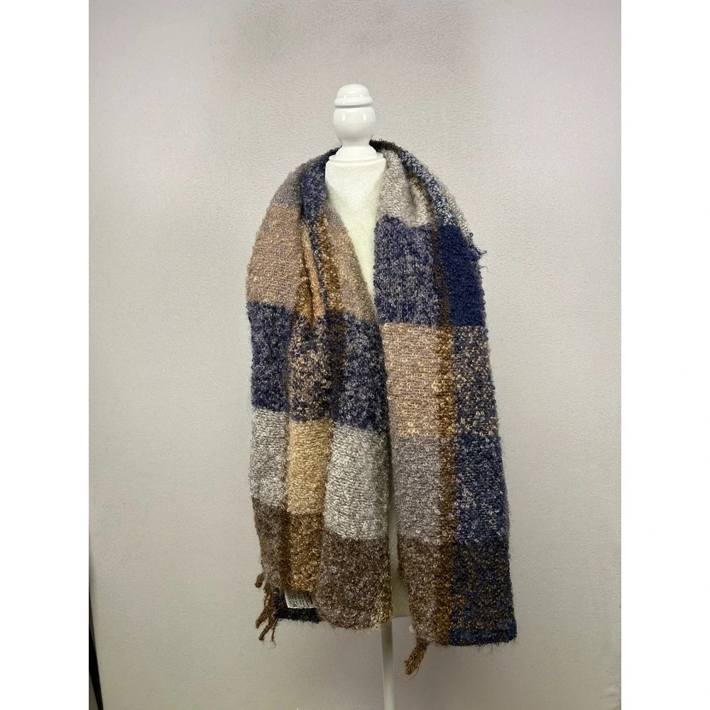 Dark Academia Avoca Womens OS Blue‎ Brown Mohair Wool Plaid Fringe Wrap Shawl